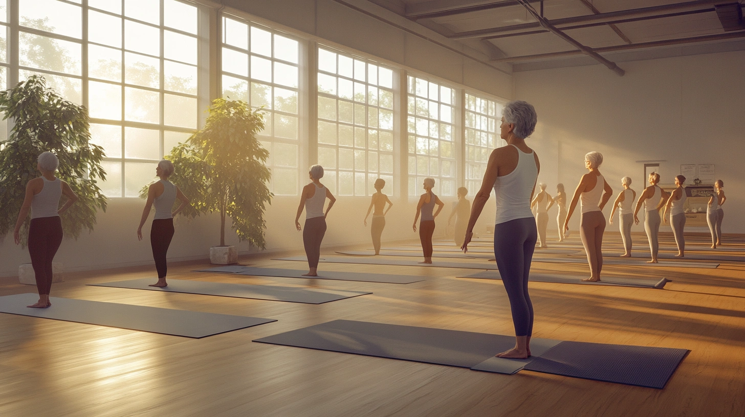 Групове заняття з йоги для пенсіонерів у просторій залі prisquedal